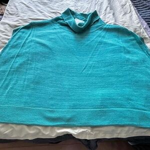 LINEN BLEND PONCHO, WATERFALL TURQUOISE, ONE SIZE, LARGE COWL NECK, RIBBED HEM,
